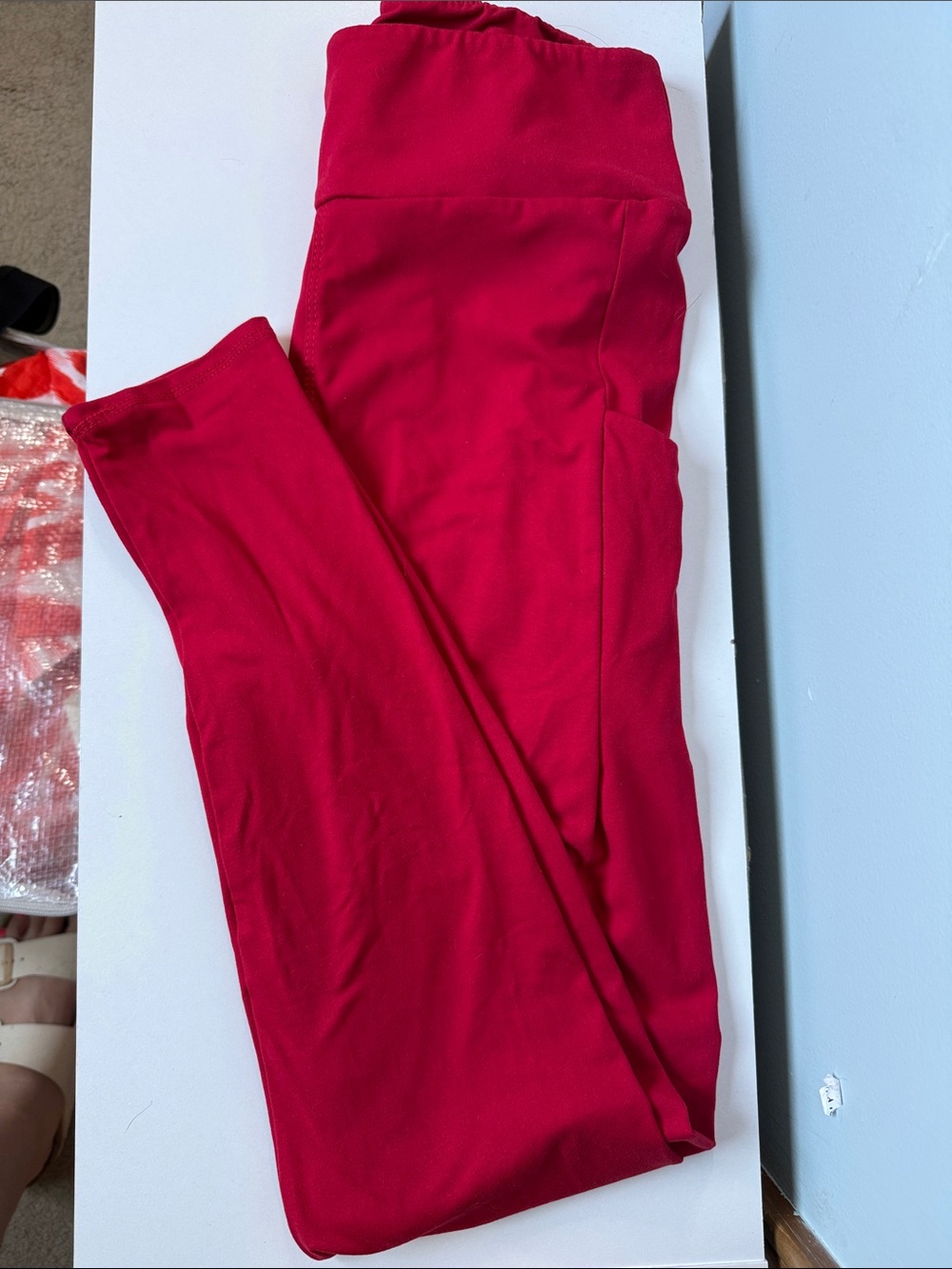 Women’s Red High-Waist Stretch Leggings with Side Pocket